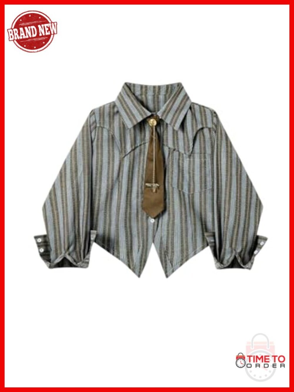 Striped Print Button Down College Long Sleeve Tie Blouse Top Preppy